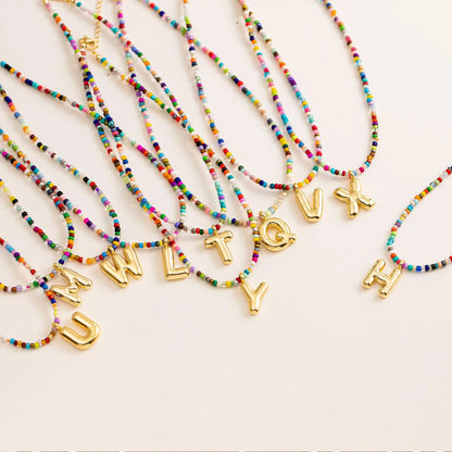 Colorful Rice Bead Initial Letter Necklaces for Women Bubbles 26 Letters Handmade Beads Choker Bohemian Necklace