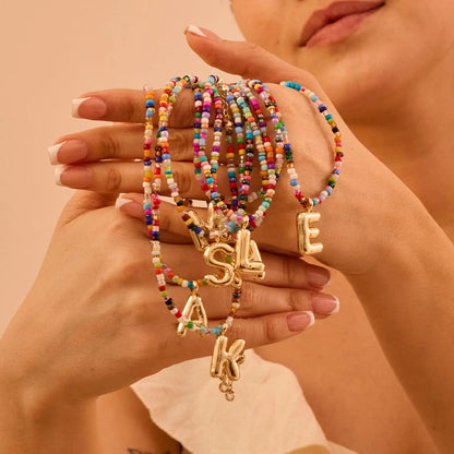 Colorful Rice Bead Initial Letter Necklaces for Women Bubbles 26 Letters Handmade Beads Choker Bohemian Necklace