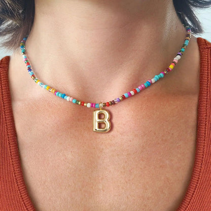 Colorful Rice Bead Initial Letter Necklaces for Women Bubbles 26 Letters Handmade Beads Choker Bohemian Necklace