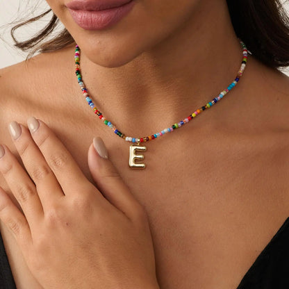 Colorful Rice Bead Initial Letter Necklaces for Women Bubbles 26 Letters Handmade Beads Choker Bohemian Necklace